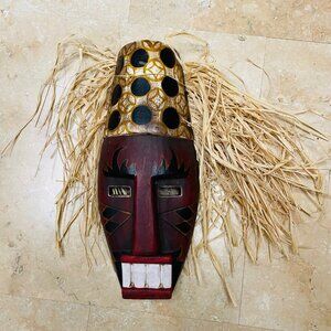 Handcrafted African Tribal Mask With Raffia Straw & Painted Design 13" x 6"